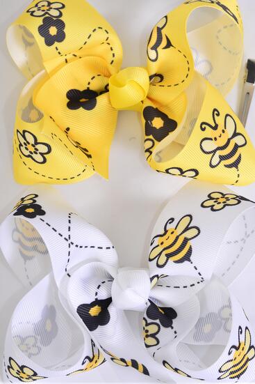 Hair Bow Jumbo Honey Bee Pattern Mix Grosgrain Bow-tie / 12 pcs Bow = Dozen Alligator Clip , Size - 6" x 5" Wide , 6 Of each Pattern Asst , Clip Strip and UPC Code