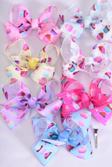 Hair Bow Jumbo Cupcake Mix Grosgrain Bow-tie Pastel /  12 pcs Bow = Dozen Alligator Clip , Size - 6" x 5" Wide , 2 White , 2 Baby Pink , 2 Lavender , 2 Hot Pink , 2 Mint , 1 Blue  , 1 Yellow Asst , Clip Strip & UPC Code