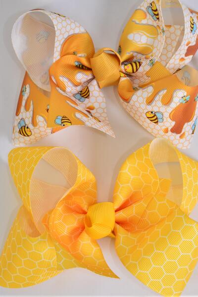 Hair Bow Jumbo Honey Bee Honeycomb Pattern Mix Grosgrain Bow-tie / 12 pcs Bow = Dozen Alligator Clip , Size - 6" x 5" Wide , 6 Of each Pattern Asst , Clip Strip & UPC Code