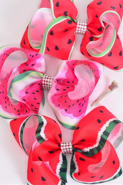 Hair Bow Jumbo Watermelon Grosgrain Bow-tie / 12 pcs Bow = Dozen  Alligator Clip , Size - 6" x 5" Wide , 4 Of Each Pattern Asst , Clip Strip & UPC Code