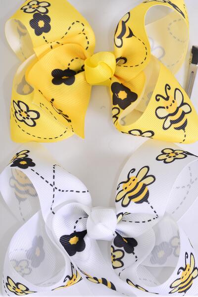 Hair Bow Jumbo Honey Bee Pattern Mix Grosgrain Bow-tie / 12 pcs Bow = Dozen Alligator Clip , Size - 6" x 5" Wide , 6 Of each Pattern Asst , Clip Strip and UPC Code