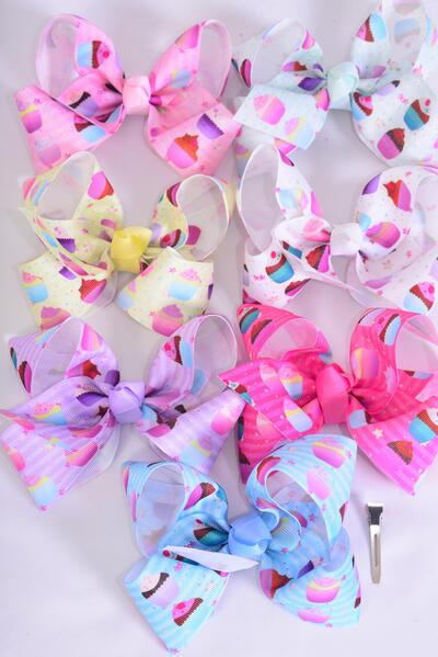 Hair Bow Jumbo Cupcake Mix Grosgrain Bow-tie Pastel /  12 pcs Bow = Dozen Alligator Clip , Size - 6" x 5" Wide , 2 White , 2 Baby Pink , 2 Lavender , 2 Hot Pink , 2 Mint , 1 Blue  , 1 Yellow Asst , Clip Strip & UPC Code