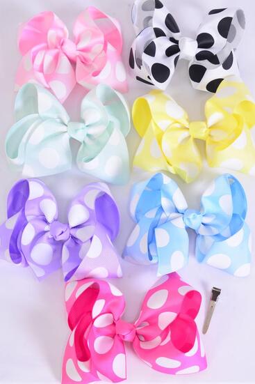 Hair Bow Jumbo Polka dots Pastel Mix Grosgrain Bow-tie / 12 pcs Bow = Dozen  Alligator Clip , Size - 6" x 5" Wide , 2 White , 2 Pink , 2 Yellow , 2 Lavender , 2 Blue , 1 Hot Pink , 1 Mint Green Color Mix , Clip Strip & UPC Code