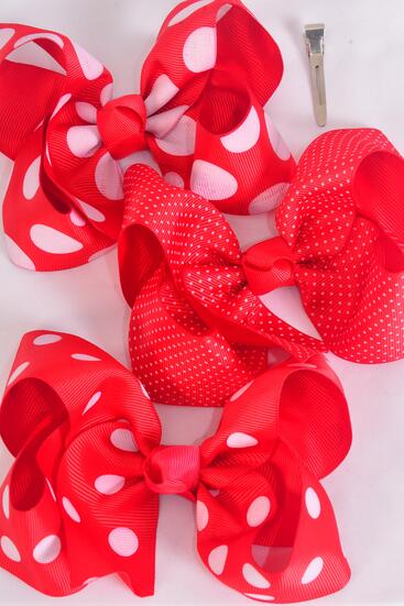 Hair Bow Jumbo Red Polka dots Mix Grosgrain Bow-tie / 12 pcs Bow = Dozen  Red Mix , Alligator Clip , Size - 6" x 5" Wide , 4 Of each Pattern Mix , Clip Strip & UPC Code