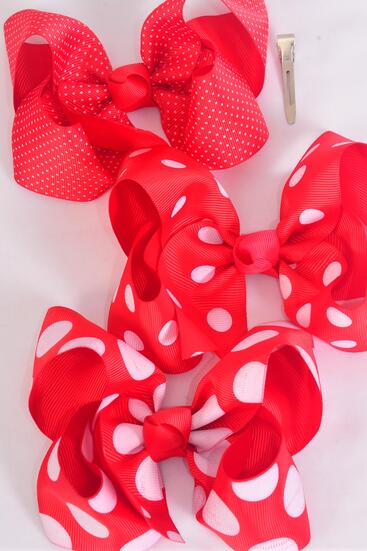 Hair Bow Jumbo Red Polka dots Mix Grosgrain Bow-tie / 12 pcs Bow = Dozen  Red Mix , Alligator Clip , Size - 6" x 5" Wide , 4 Of each Pattern Mix , Clip Strip & UPC Code