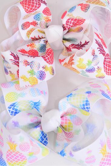 Hair Bow Jumbo Pineapple Mix Grosgrain Bow-tie / 12 pcs Bow = Dozen Pineapple , Alligator Clip , Size - 6" x 5" Wide , 4 of each Pattern Asst , Clip Strip and UPC Code