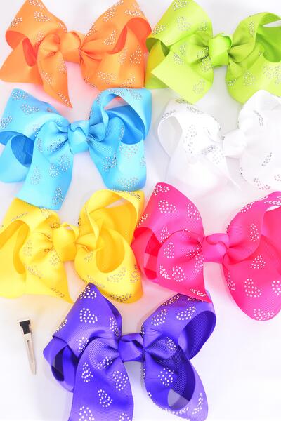 Hair Bow Jumbo Heart Studded Grosgrain Bow-tie Citrus / 12 pcs Bow = Dozen Alligator Clip , Size - 6" x 5" Wide , 2 Fuchsia , 2 Blue , 2 Yellow , 2 Purple , 2 White , 1 Lime , 1 Orange Color Asst , Clip Strip & UPC Cod