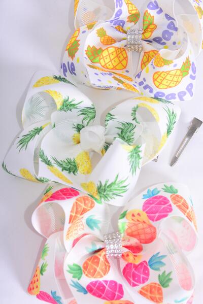 Hair Bow Jumbo Fruit Pineapple Mix Grosgrain Bow-tie / 12 pcs Bow = Dozen Alligator Clip , Size - 6" x 5" Wide , 4 of each Pattern Asst , Clip Strip and UPC Code