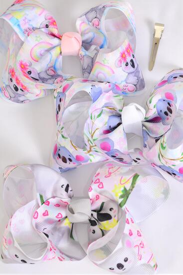 Hair Bow Jumbo koala Bear Pattern Mix Grosgrain Bow-tie / 12 pcs Bow = Dozen Koala Bear , Alligator Clip , Size - 6" x 5" Wide , 4 Of Each Pattern Asst , Clip Strip & UPC Code