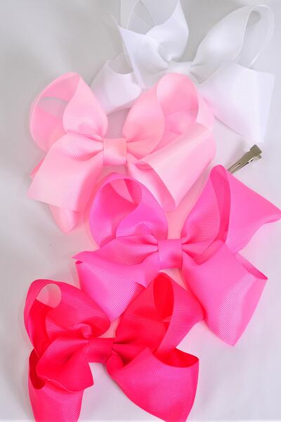 Hair Bow Jumbo Pink Mix Grosgrain Bow-tie / 12 pcs Bow = Dozen  Pink Mix , Alligator Clip , Size - 6" x 5" Wide , 3 White, 3 Baby Pink , 3 Hot Pink , 3 Fuchsia Color Asst , Clip Strip & UPC Code
