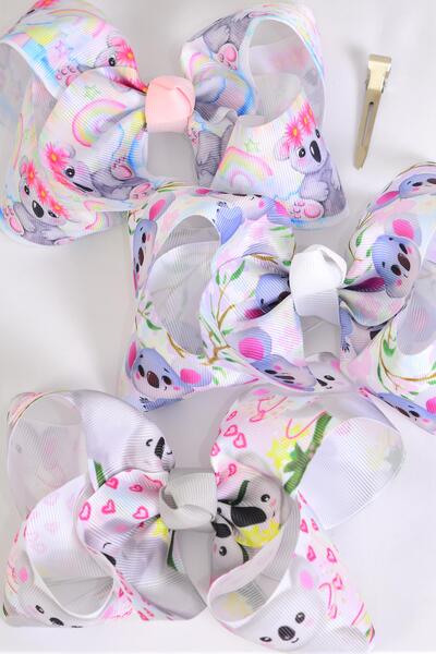 Hair Bow Jumbo koala Bear Pattern Mix Grosgrain Bow-tie / 12 pcs Bow = Dozen Koala Bear , Alligator Clip , Size - 6" x 5" Wide , 4 Of Each Pattern Asst , Clip Strip & UPC Code