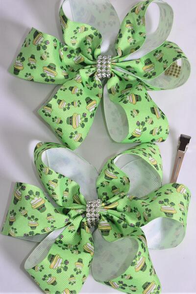 Hair Bow Jumbo Clover St Patrick Day Hat Grosgrain Bow-tie / 12 pcs Bow = Dozen Alligator Clip , Size - 6" x 6" Wide , Clip Strip & UPC Code