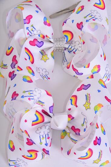 Hair Bow Jumbo Happy Rainbow Cloud Flower Hearts etc Grosgrain Bow-tie / 12 pcs Bow = Dozen Alligator Clip , Size - 6" x 5" Wide, Clip Strip and UPC Code