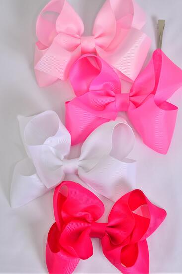 Hair Bow Jumbo Pink Mix Grosgrain Bow-tie / 12 pcs Bow = Dozen  Pink Mix , Alligator Clip , Size - 6" x 5" Wide , 3 White, 3 Baby Pink , 3 Hot Pink , 3 Fuchsia Color Asst , Clip Strip & UPC Code