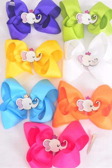 Hair Bow Jumbo Metallic Elephant Charm Citrus Grosgrain Bow-tie / 12 pcs Bow = Dozen  Alligator Clip , Size - 6" x 5" Wide , 2 Fuchsia , 2 Turquoise , 2 White , 2 Purple , 2 Yellow , 1 Orange , 1 Lime Color Asst , Clip Strip & UPC Code