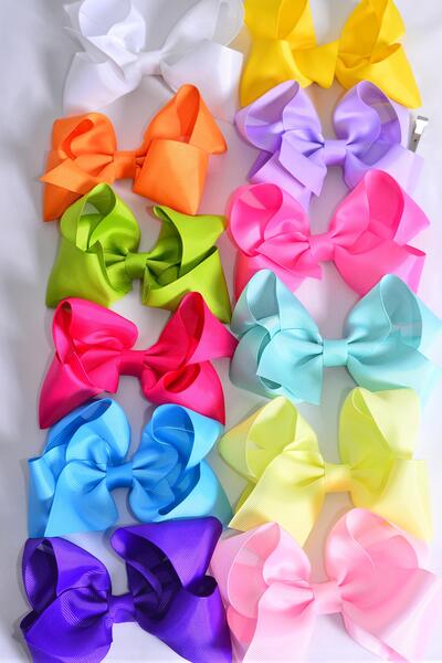 Hair Bow Jumbo Rainbow Mix Grosgrain Bow-tie / 12 pcs Bow = Dozen  Rainbow Mix , Size - 6" x 5" Wide , Alligator Clip , 12 Color Asst , Clip Strip & UPC Code