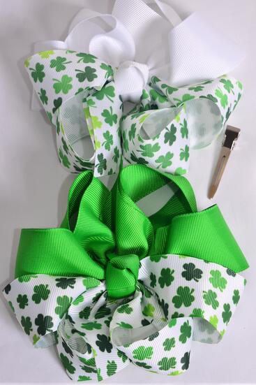 Hair Bow Jumbo Bow 2 tone Shamrock Grosgrain Bow-tie / 12 pcs Bow = Dozen Alligator Clip , Size - 6" x 6" Wide , 6 of each Pattern Asst , Clip Strip and UPC Code