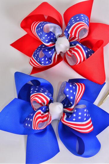 Hair Bow Jumbo Double Layered Patriotic-Flag Grograin Bow-tie / 12 pcs = Dozen Alligator Clip , Bow - 6" x 5" Wide , 6 Of Each Color Asst , Clip Strip & UPC Code