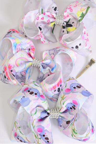 Hair Bow Jumbo koala Bear Asst Grosgrain Bow-tie / Dozen Koala Bear , Alligator Clip , Size - 6" x 5" Wide , 4 Of Each Pattern Asst , Clip Strip & UPC Code