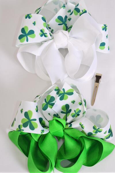 Hair Bow Jumbo Bow 2 tone Shamrock Grosgrain Bow-tie / 12 pcs Bow = Dozen Alligator Clip , Size - 6" x 5" Wide , 6 of each Color Asst , Clip Strip and UPC Code