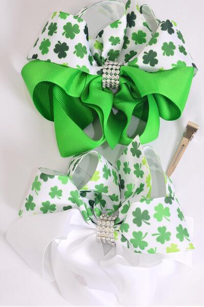 Hair Bow Jumbo Bow 2 tone Shamrock Grosgrain Bow-tie / 12 pcs Bow = Dozen Alligator Clip , Size - 6" x 6" Wide , 6 of each Pattern Asst , Clip Strip and UPC Code