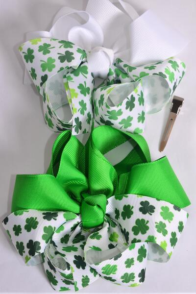 Hair Bow Jumbo Bow 2 tone Shamrock Grosgrain Bow-tie / 12 pcs Bow = Dozen Alligator Clip , Size - 6" x 6" Wide , 6 of each Pattern Asst , Clip Strip and UPC Code