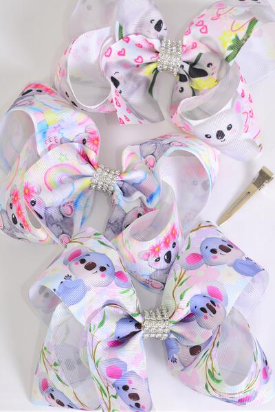 Hair Bow Jumbo koala Bear Asst Grosgrain Bow-tie / Dozen Koala Bear , Alligator Clip , Size - 6" x 5" Wide , 4 Of Each Pattern Asst , Clip Strip & UPC Code
