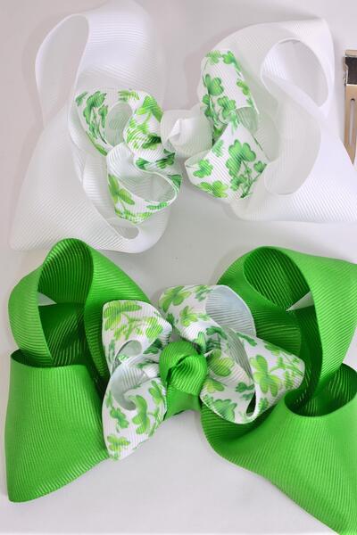 Hair Bow Jumbo Double Layered Bow Shamrock Grosgrain Bow-tie / 12 pcs Bow = Dozen Alligator Clip , Size - 6" x 5" Wide , 6 of each Pattern Asst , Clip Strip and UPC Code