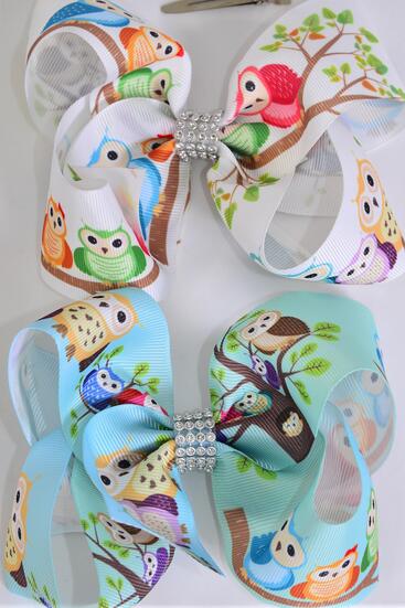Hair Bow Jumbo Cute Owl Grosgrain Bow-tie / 12 pcs Bow = Dozen Owl , Alligator Clip , Size - 6" x 5" Wide , 6 Of Each Pattern Asst , Clip Strip & UPC Code