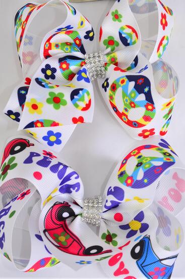 Hair Bow Jumbo Flower Power Peace Sign Beetle Mix Grosgrain Bow-tie / 12 pcs Bow = Dozen  Alligator Clip, Size - 6" x 5" Wide , 6 Of each Pattern Asst , Clip Strip & UPC Code