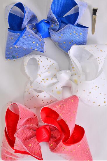 Hair Bow Jumbo Double Layered Patriatic Metallic Stars Grosgrain Bow-tie / 12 pcs Bow = Dozen Alligator Clip , Size - 6" x 5" Wide , 4 Red , 4 White , 4 Royal Blue Color Asst , Clip Strip & UPC Code
