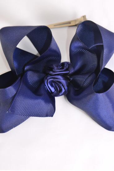 Hair Bow Jumbo Center Satin Roses Navy Grosgrain Bow-tie / 12 pcs Bow = Dozen Navy , Alligator Clip , Size - 6" x 5" Wide , Clip Strip & UPC Code