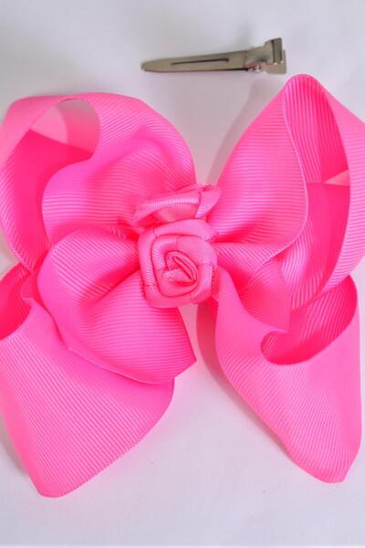 Hair Bow Jumbo Center Satin Roses Fuchsia Grosgrain Bow-tie / 12 pcs Bow = Dozen Fuchsia , Alligator Clip , Size - 6" x 5" Wide , Clip Strip & UPC Code