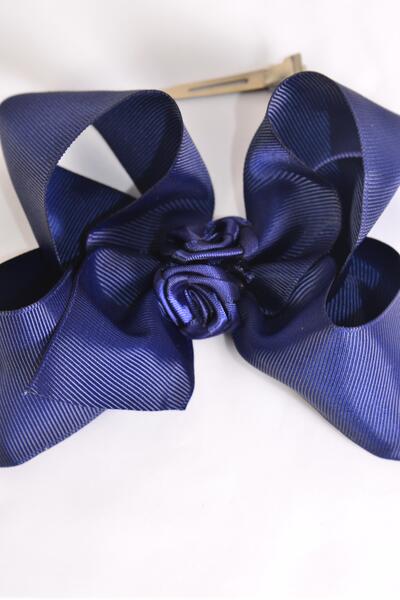 Hair Bow Jumbo Center Satin Roses Navy Grosgrain Bow-tie / 12 pcs Bow = Dozen Navy , Alligator Clip , Size - 6" x 5" Wide , Clip Strip & UPC Code