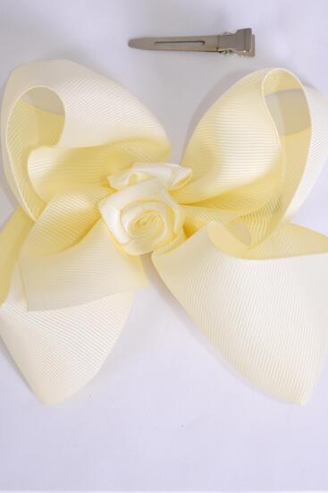 Hair Bow Jumbo Center Satin Roses Beige Cream Grosgrain Bow-tie / 12 pcs Bow = Dozen Beige , Alligator Clip , Size - 6" x 5" Wide , Clip Strip & UPC Code