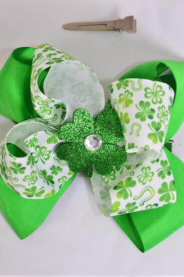 Hair Bow Jumbo Double Layered Clover Shamrock Grosgrain Bow-tie / 12 pcs Bow = Dozen  Alligator Clip , Size - 6" x 5" Wide , Clip Strip and UPC Code