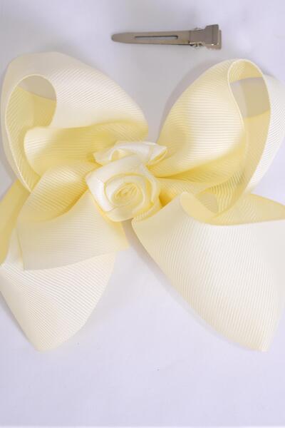 Hair Bow Jumbo Center Satin Roses Beige Cream Grosgrain Bow-tie / 12 pcs Bow = Dozen Beige , Alligator Clip , Size - 6" x 5" Wide , Clip Strip & UPC Code