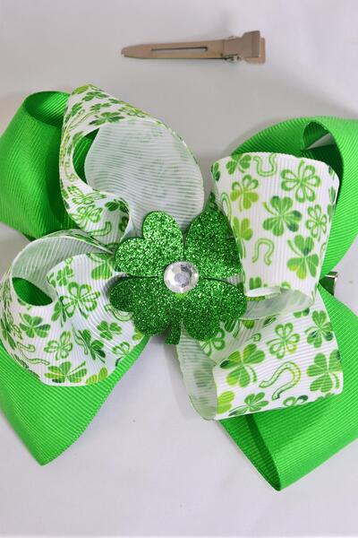 Hair Bow Jumbo Double Layered Clover Shamrock Grosgrain Bow-tie / 12 pcs Bow = Dozen  Alligator Clip , Size - 6" x 5" Wide , Clip Strip and UPC Code