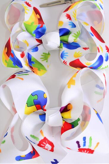 Hair Bow Jumbo Autism Grosgrain Bow-tie / 12 pcs Bow = Dozen  Alligator Clip , Size - 6" x 5" Wide , 6 Of each Pattern Asst , Clip Strip and UPC Code