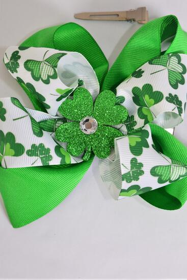 Hair Bow Jumbo Double Layered Clover Shamrock Grosgrain Bow-tie / 12 pcs Bow = Dozen  Alligator Clip , Size - 6" x 5" Wide , Clip Strip and UPC Code