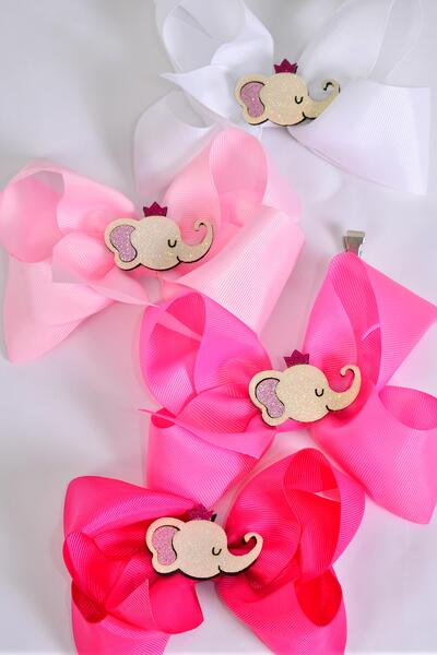 Hair Bow Jumbo Metallic Elephant Charm Pink Mix Grosgrain Bow-tie / 12 pcs bow = Dozen Pink Mix ,  Bow Size - 6" x 5" Wide , 3 Pearl Pink , 3 Hot Pink , 3 Fuchsia , 3 White Color Mix , Clip Strip & UPC Code