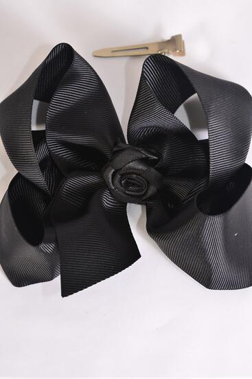 Hair Bow Jumbo Center Satin Roses Black Grosgrain Bow-tie  / 12 pcs Bow = Dozen Black , Alligator Clip , Size - 6" x 5" Wide , Clip Strip & UPC Code