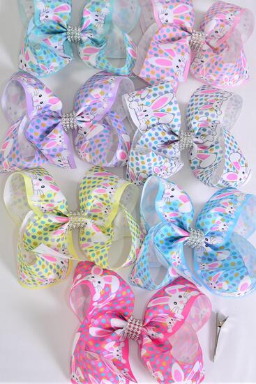 Hair Bow Jumbo Cute Bunny Face Pastel Grosgrain Bow-tie / 12 pcs Bow = Dozen  Alligator Clip , Size - 6" x 5" ,  2 Hot Pink , 2 White , 2 Baby Pink , 2 Lavender , 2 Yellow , 1 Blue , 1 Mint Color Asst , Clip Strip & UPC Code