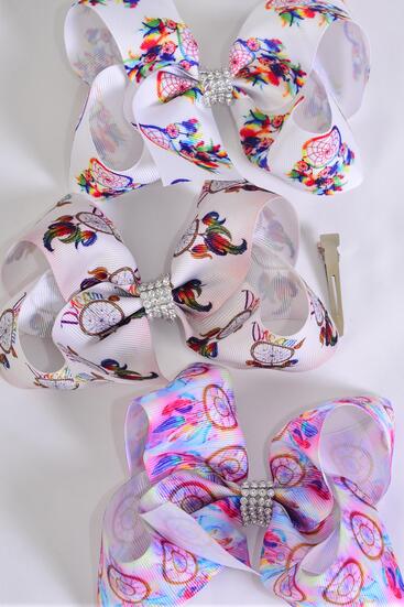 Hair Bow Jumbo Dream Catcher Grosgrain Bow-tie /  12 pcs Bow = Dozen Alligator Clip , Size - 6" x 5" Wide , 4 Of each Pattern Asst , Clip Strip & UPC Code