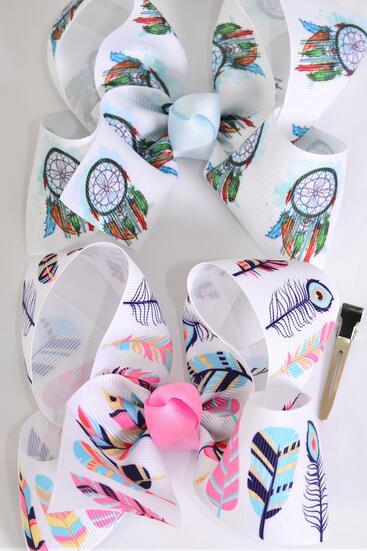 Hair Bow Jumbo Dream Catcher Feather Symbol Pattern Mix Grosgrain Bow-tie / 12 pcs Bow = Dozen Alligator Clip , Size - 6" x 5" Wide , 6 Dream Catcher , 6 Feather Symbol Pattern Asst , Clip Strip and UPC Code