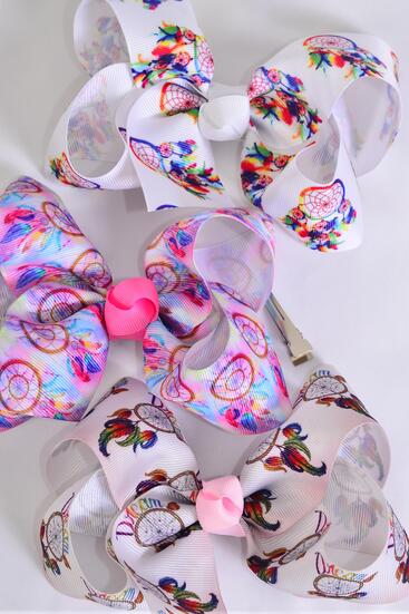 Hair Bow Jumbo Dream Catcher Grosgrain Bow-tie /  12 pcs Bow = Dozen Alligator Clip , Size - 6" x 5" Wide , 4 Of each Pattern Asst , Clip Strip & UPC Code