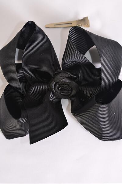 Hair Bow Jumbo Center Satin Roses Black Grosgrain Bow-tie  / 12 pcs Bow = Dozen Black , Alligator Clip , Size - 6" x 5" Wide , Clip Strip & UPC Code