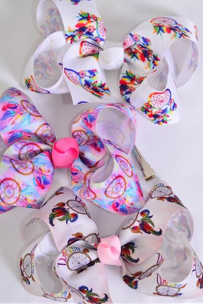 Hair Bow Jumbo Dream Catcher Grosgrain Bow-tie /  12 pcs Bow = Dozen Alligator Clip , Size - 6" x 5" Wide , 4 Of each Pattern Asst , Clip Strip & UPC Code