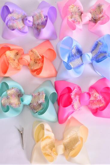 Hair Bow Jumbo Double Layered Tweed Accent Grosgrain Bow-tie Pastel / 12 pcs Bow = Dozen Alligator Clip , Size - 6" x 5" Wide , 2 Beige , 2 Pink , 2 Lavender , 2 Hot Pink , 2 Blue , 1 Peach , 1 mint Green Asst , Clip Strip and UPC Code