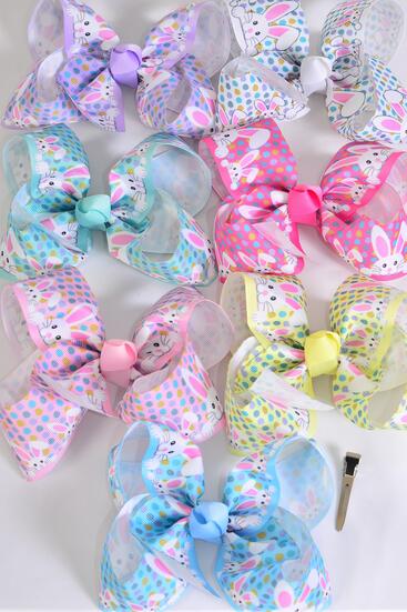 Hair Bow Jumbo Cute Bunny Pastel Grosgrain Bow-tie / 12 pcs Bow = Dozen  Alligator Clip , Size - 6" x 5" , 2 Hot Pink , 2 White , 2 Baby Pink , 2 Lavender , 2 Yellow , 1 Blue , 1 Mint Color Asst , Clip Strip & UPC Code